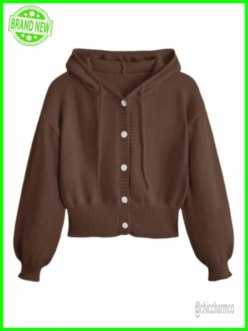 Button Up Hooded Cardigan Long Sleeve Knit Sweater Drop Shoulder